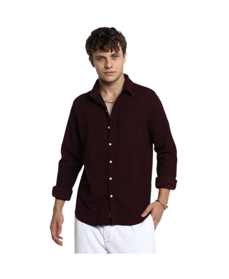 Men's Maroon Red Stripe-Creased Shirt