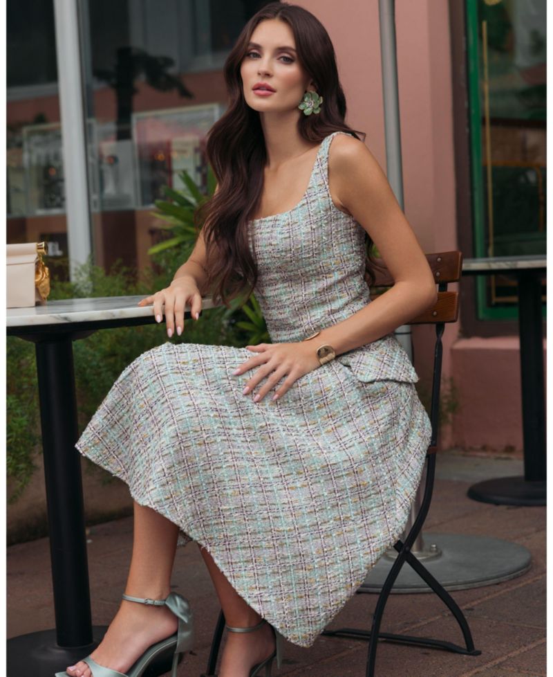 Women's Boucle Sleeveless Drop Waist Fit-and-Flare Midi Dress