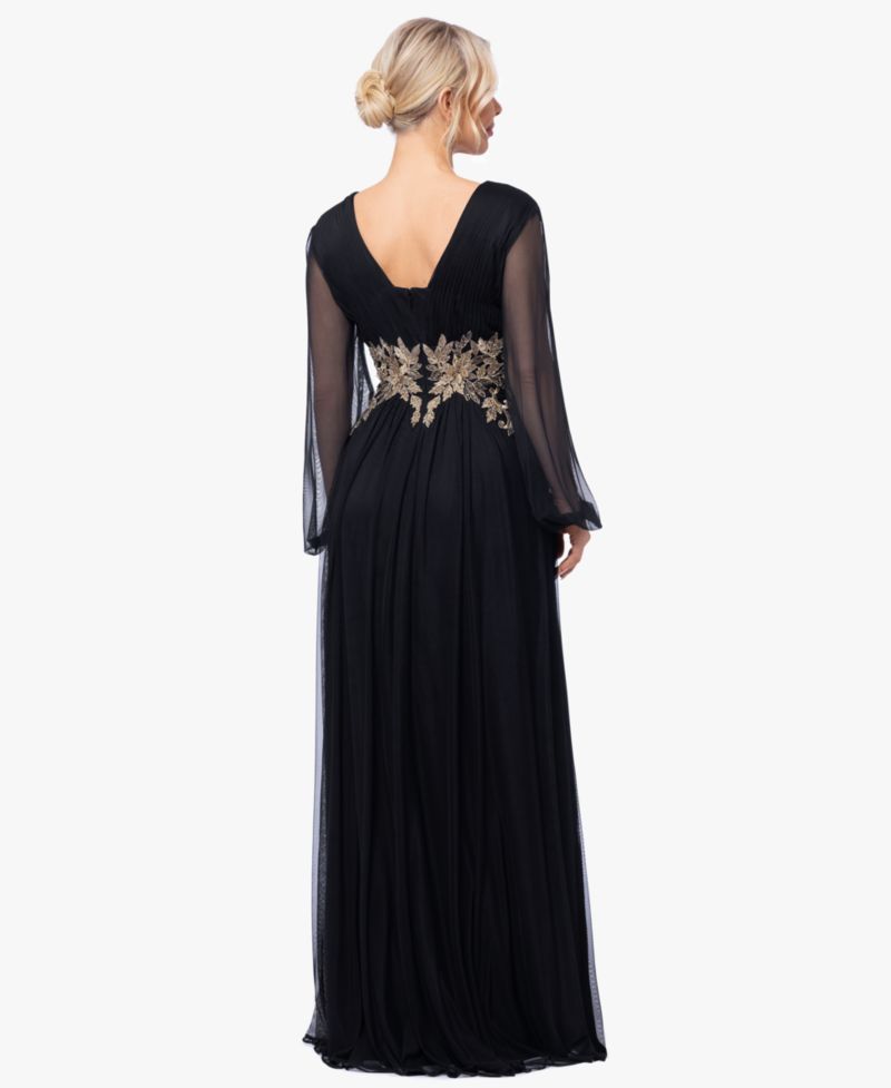 Plus Size Floral-Applique Long-Sleeve V-Neck Gown