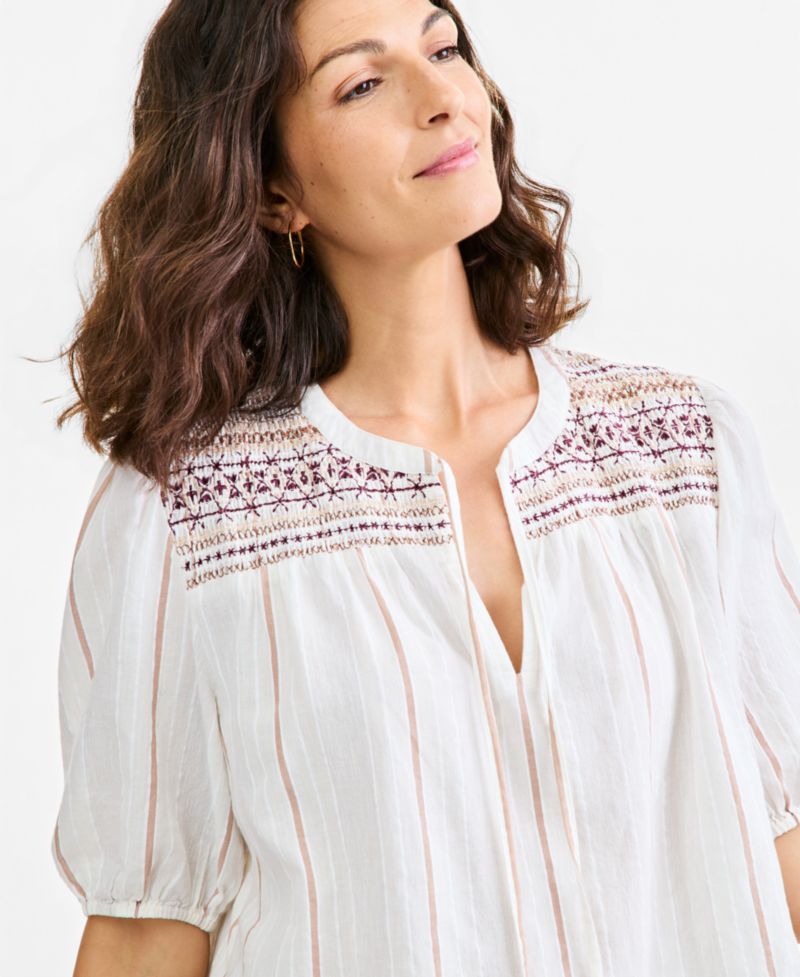 Women's Smocked Elbow-Sleeve Cotton-Linen Blend Top