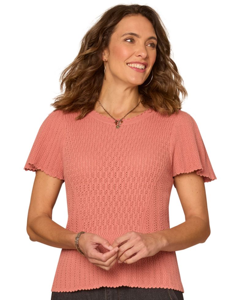 Petite Flounce Crochet Round Neck Sweater