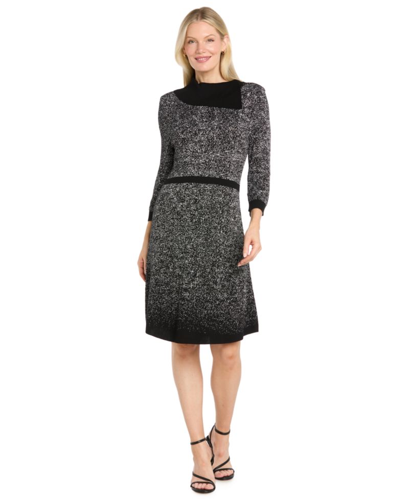 Women's Fit and Flare Metallic Ombr&eacute; 3/4-Sleeve Sweater Dress