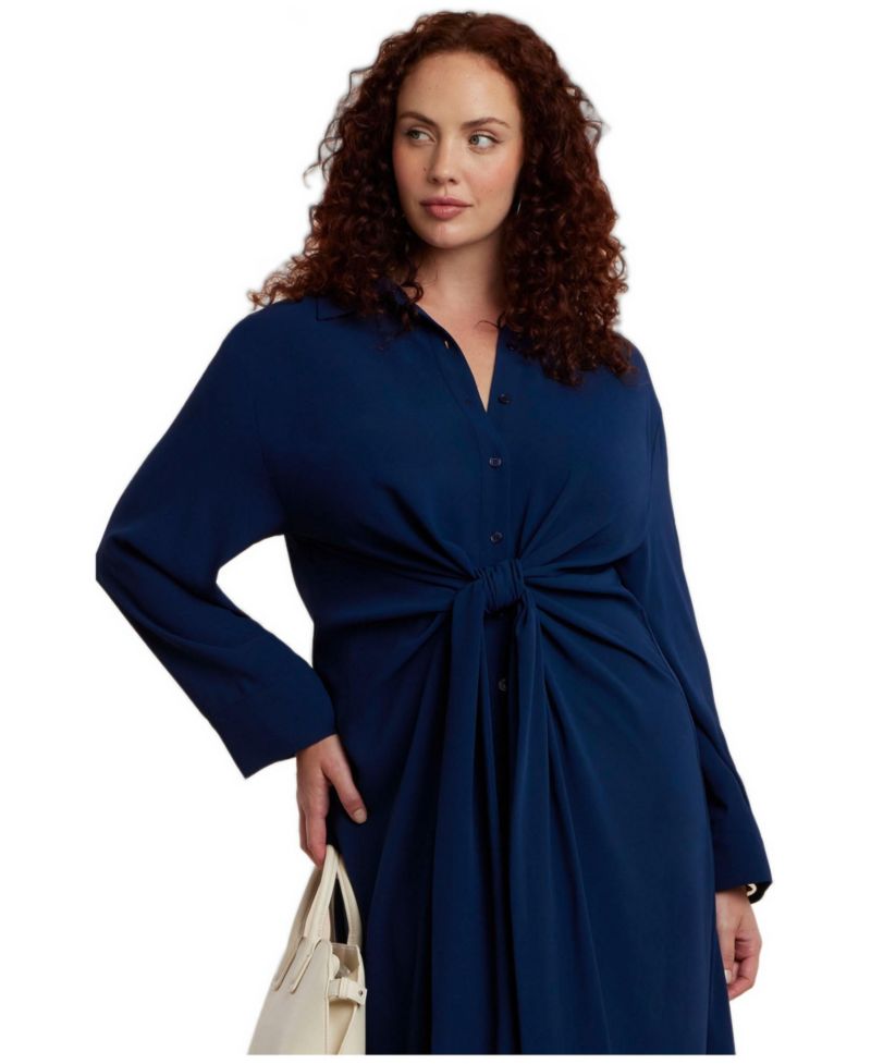 Women's Tie-Front Oversized Midi Shirt Dress