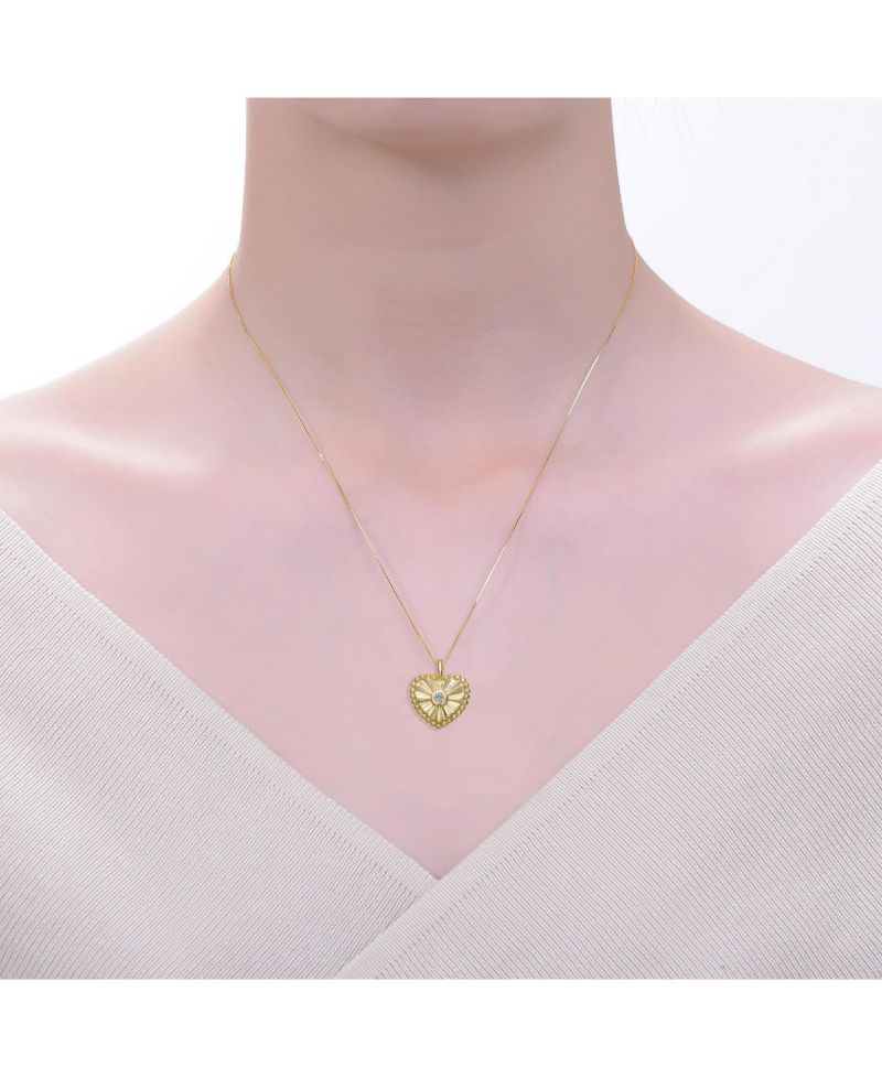 Sterling Silver 14k Gold Plated Cubic Zirconia Textured Heart Pendant Necklace