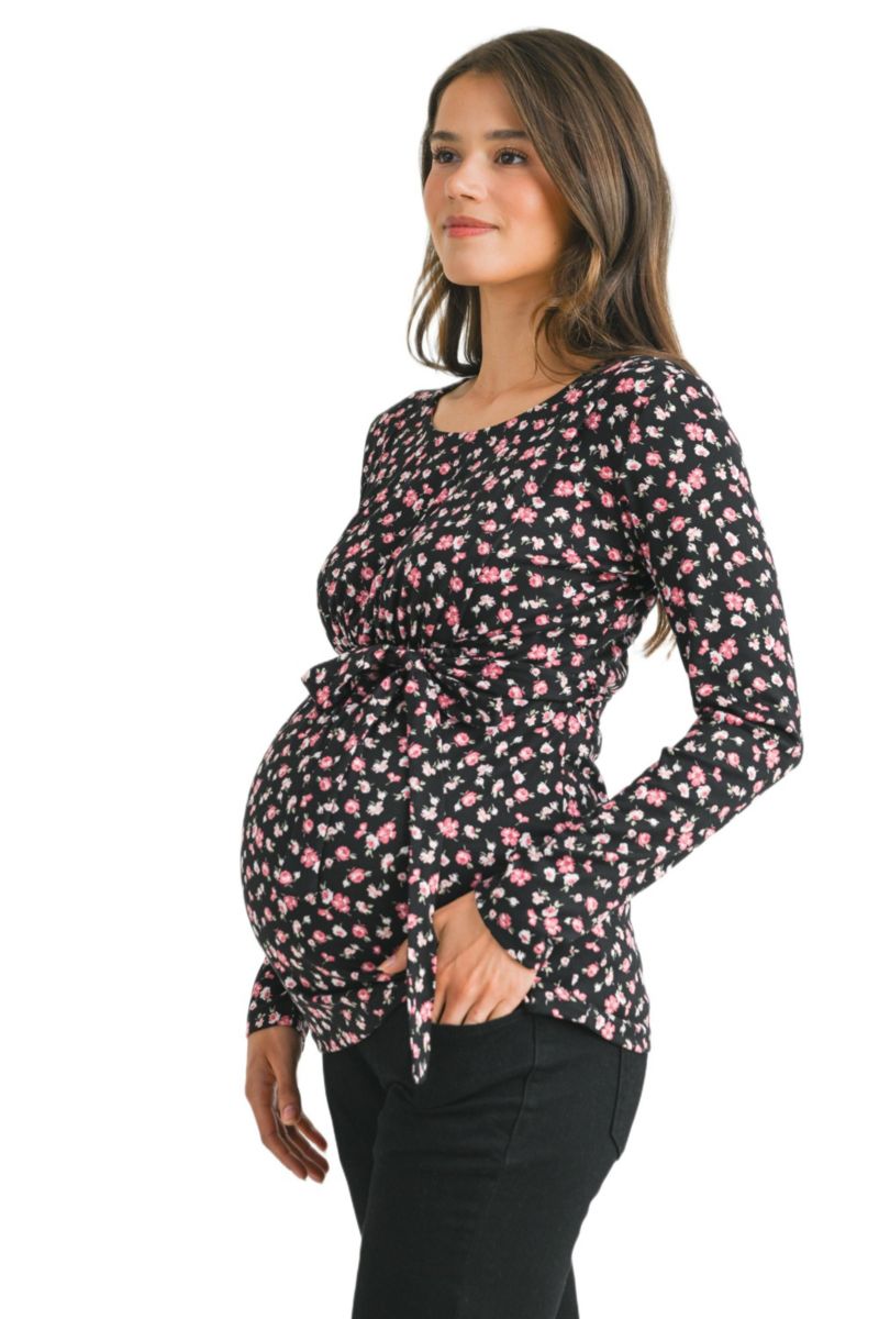 Maternity Long Sleeve Floral Tie Waist Top