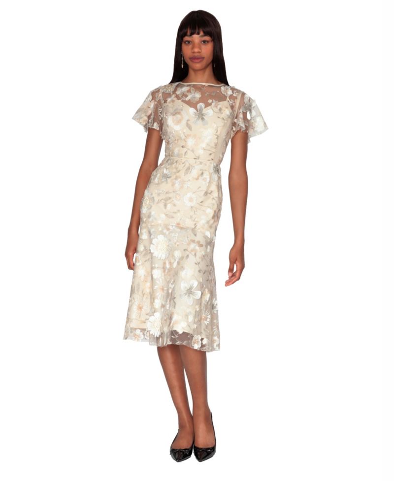Women's Embroidered Boat Neck Polyester Midi Dress