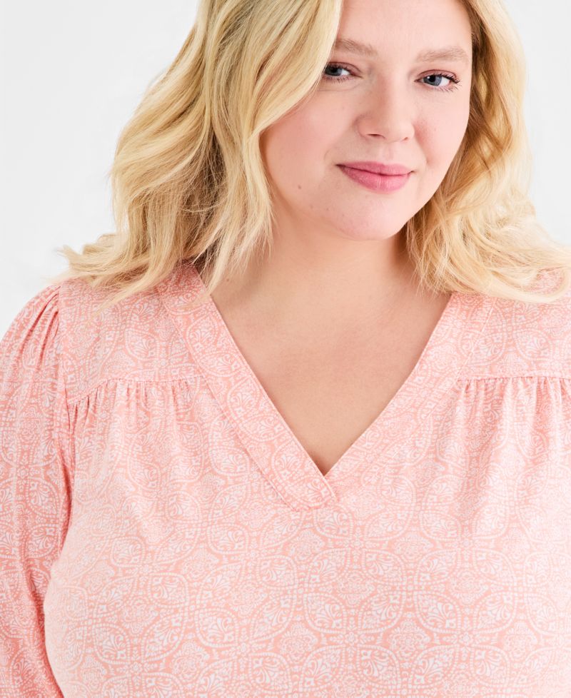 Plus Size Printed Smocked-Cuff Long-Sleeve V-Neck Top