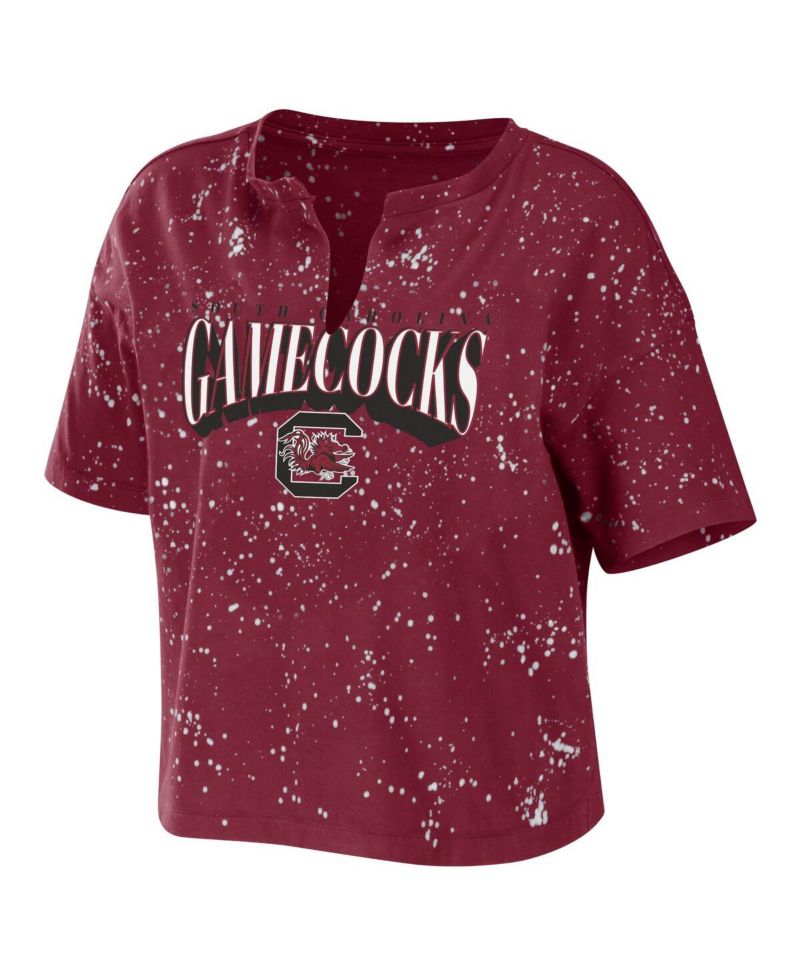 Women's Garnet South Carolina Gamecocks Bleach Wash Splatter Cropped Notch Neck T-Shirt
