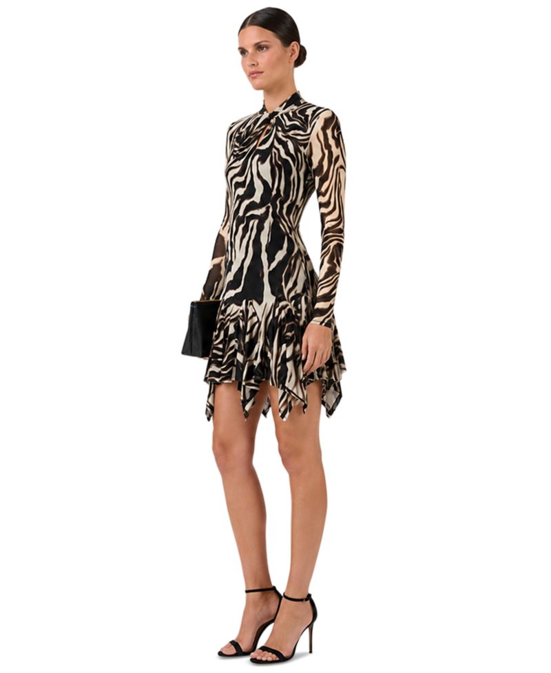Women's Fitted Long-Sleeve Mock Neck Mesh Dress