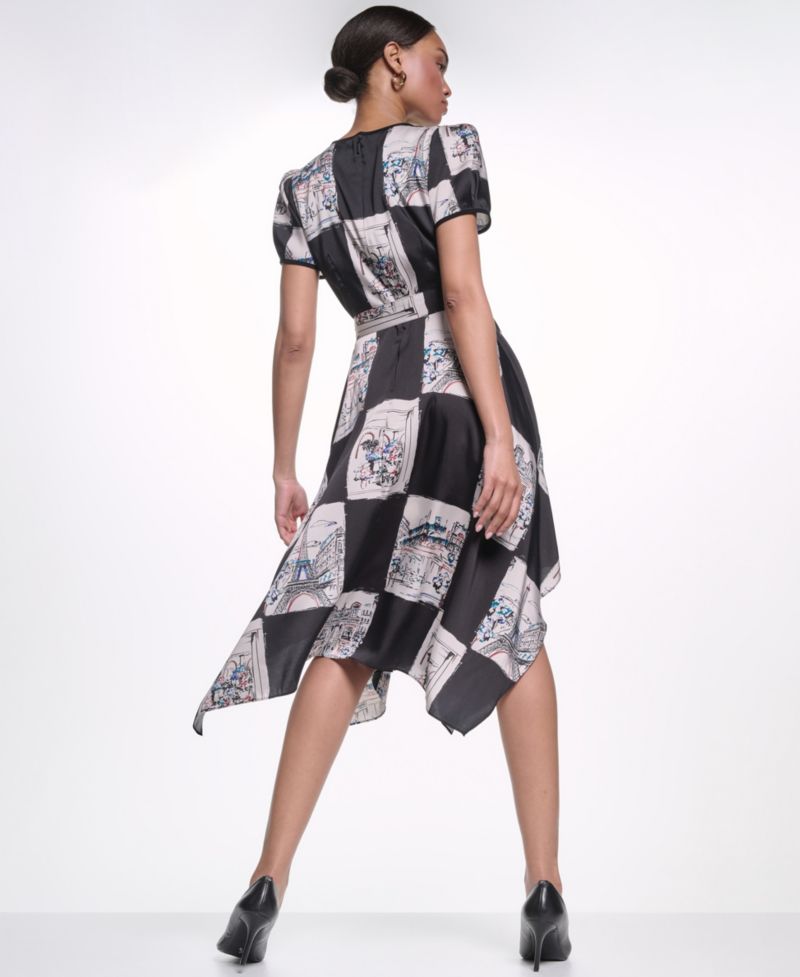 Women's Scarf-Print Handkerchief-Hem Midi Dress