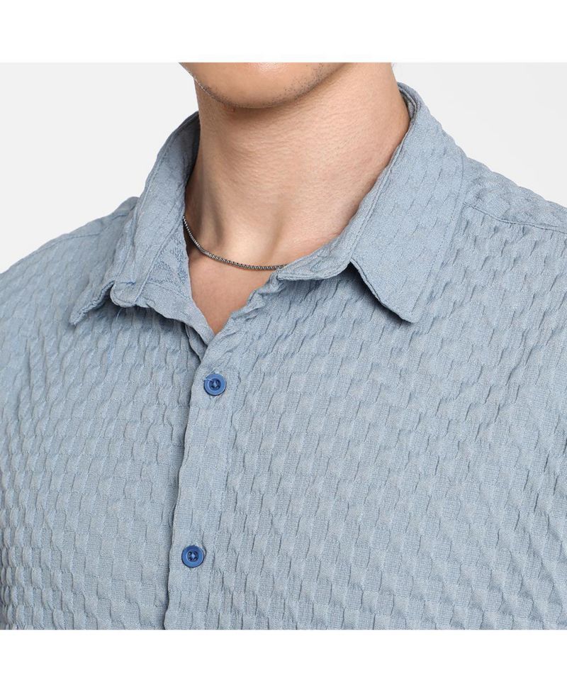 Men's Cornflower Blue Cubic-Textured Oversized Shirt