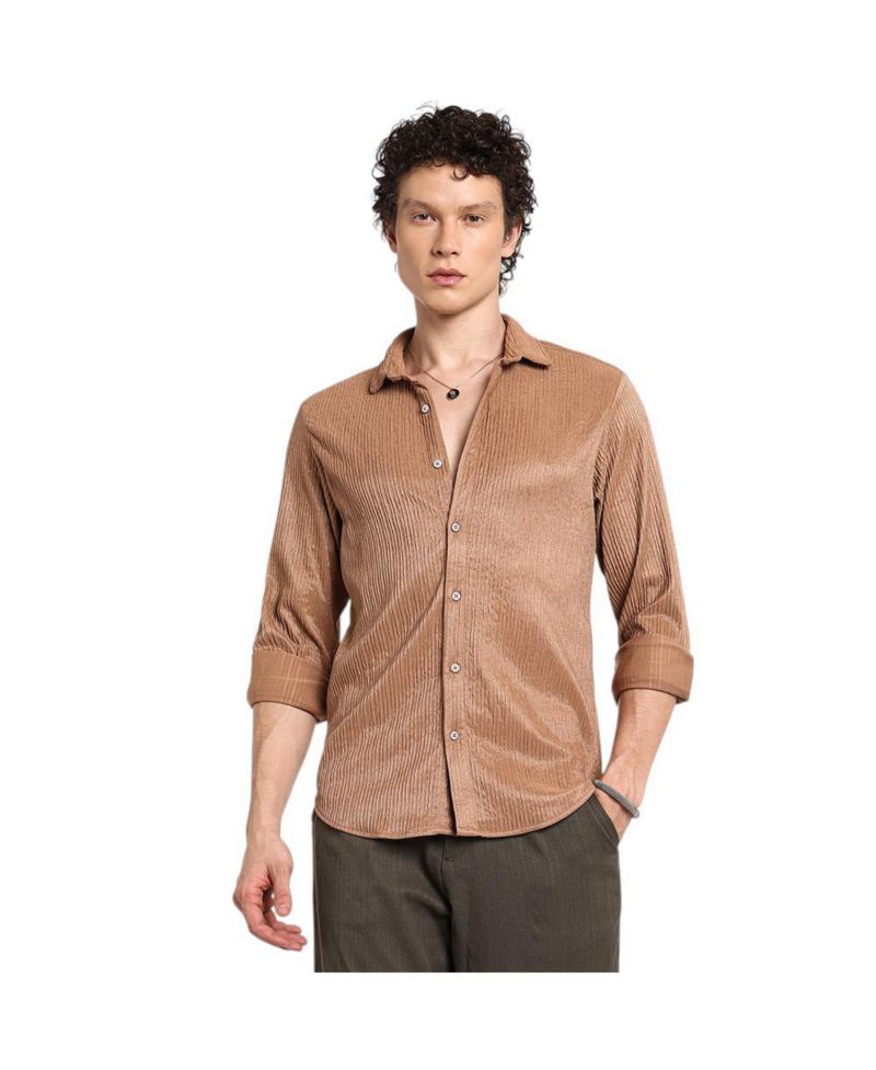 Men's Camel Beige Solid Creased Shirt