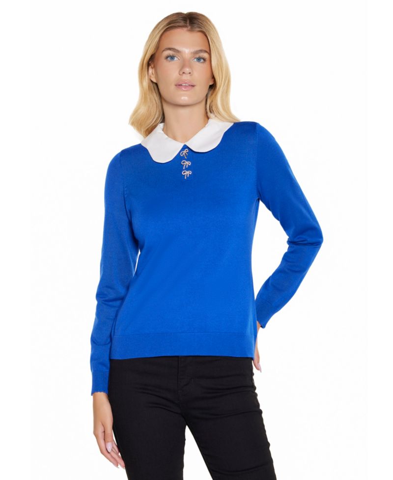 Women's Scalloped Keyhole-Back Long-Sleeve Rayon-Blend Pullover Sweater