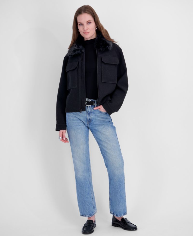 Women's Detachable Faux-Fur Collar Cropped Coat