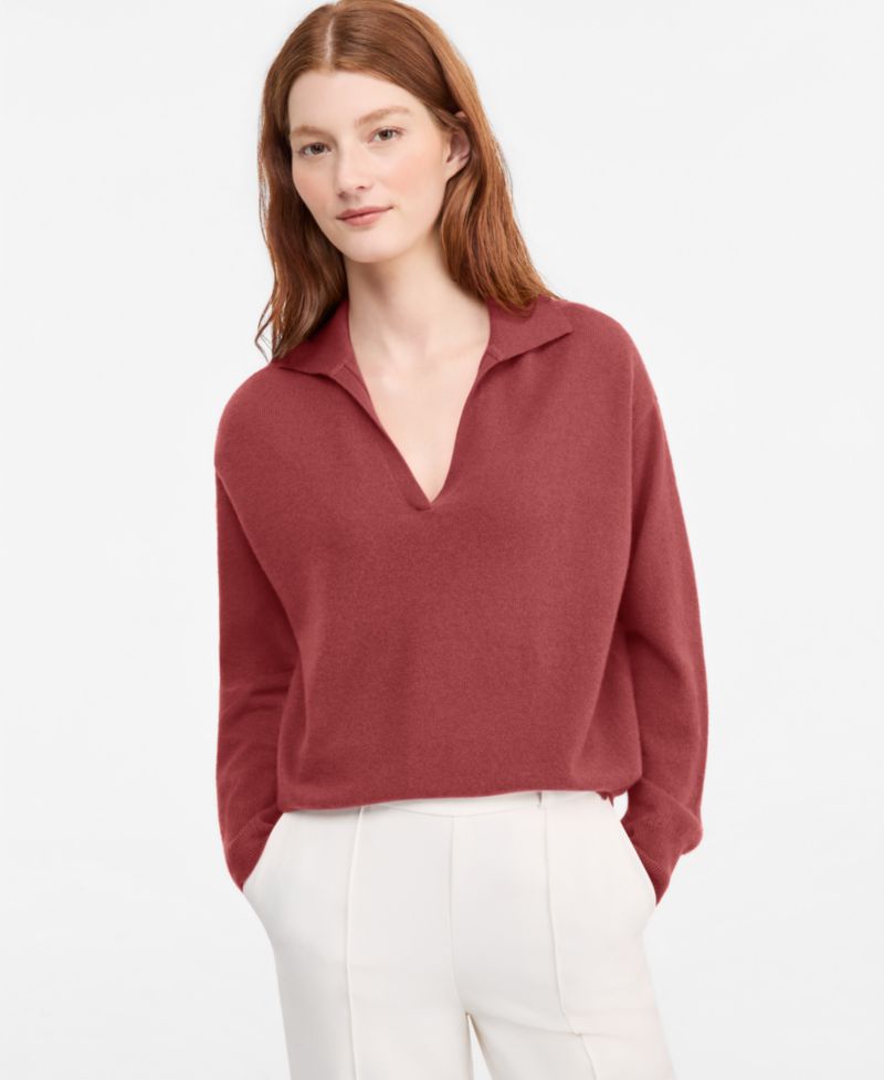 Women's Johnny-Collar 100% Cashmere Long-Sleeve Sweater