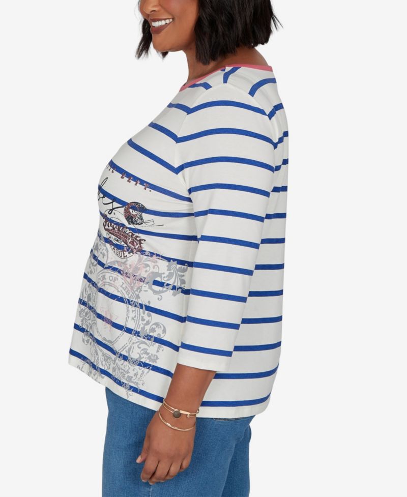 Plus Size Stripe Boat Neck 3/4-Sleeve Top