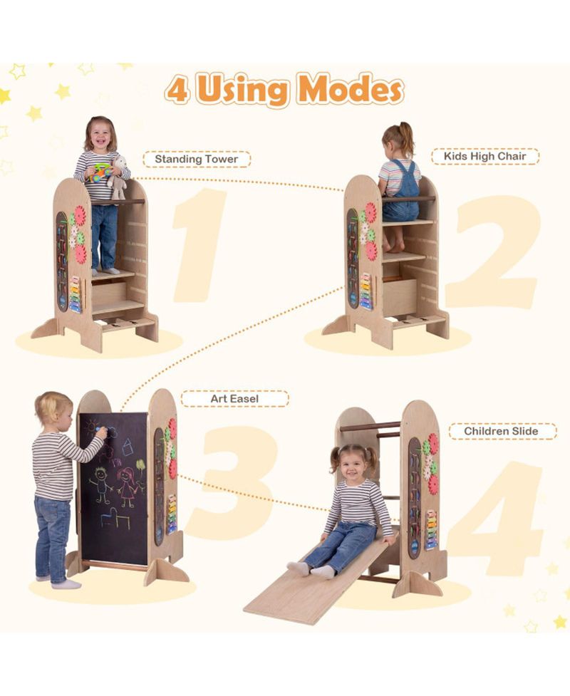 Kids 4-in-1 Adjustable Standing Tower with Chalkboard Slide and Montessori Games