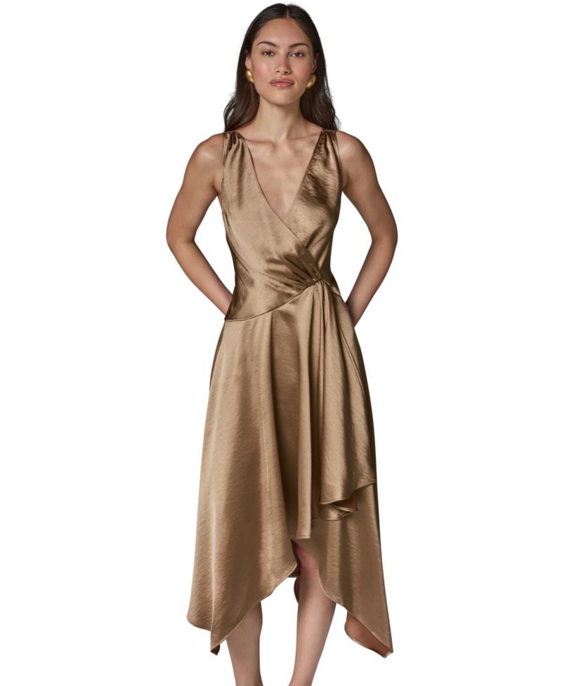 Women's Satin Sleeveless Surplice-Neck Draped A-Line Midi Dress