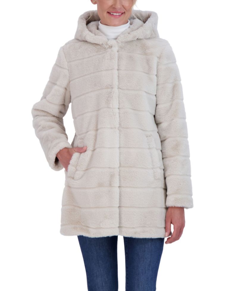 Women's Hooded Grooved Faux Fur Coat