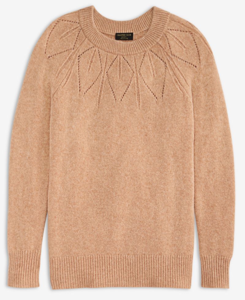 Women's Placed-Pointelle Crewneck 100% Cashmere Sweater