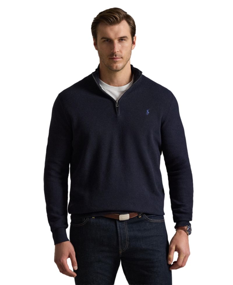 Men's Mesh-Knit Quarter-Zip Cotton Sweater