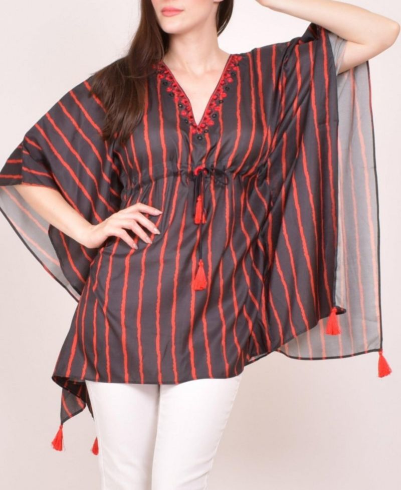 Women's Stripe Floral Embroidered Boho Kaftan Top