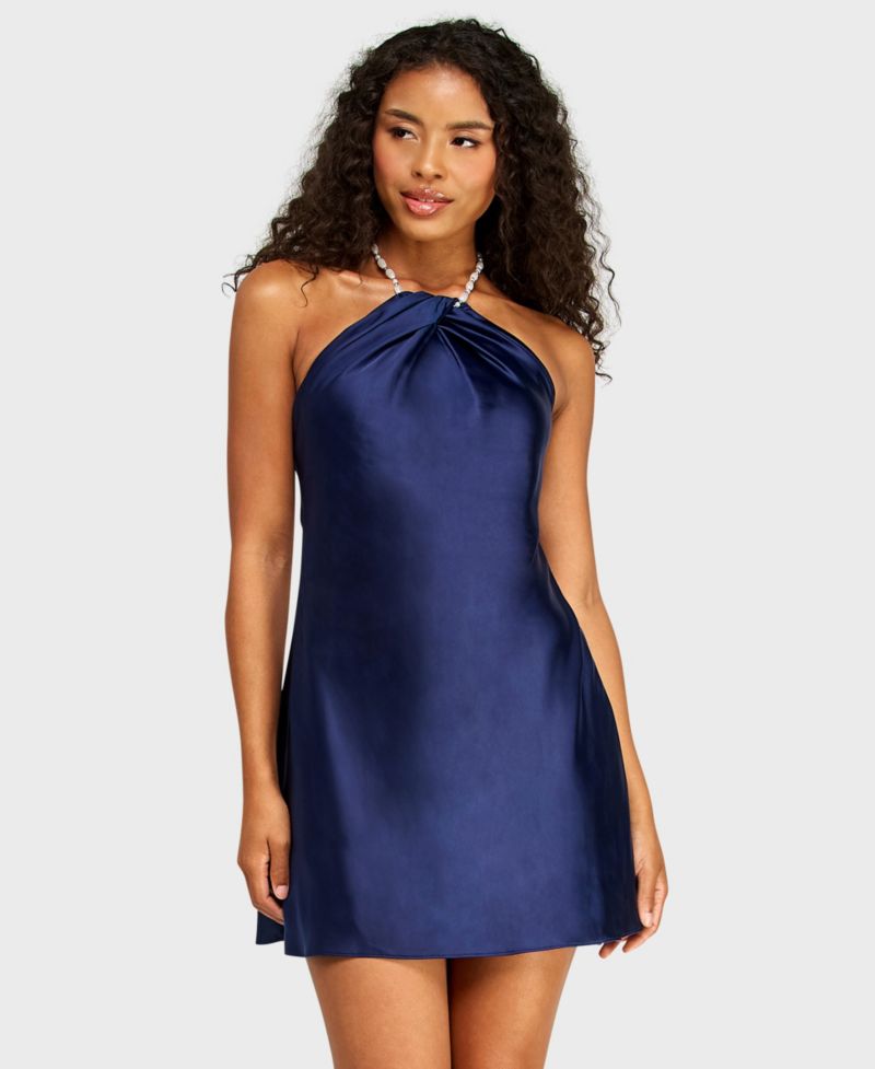 Juniors' Imitation Pearl Beaded Halter Heavy Satin Dress