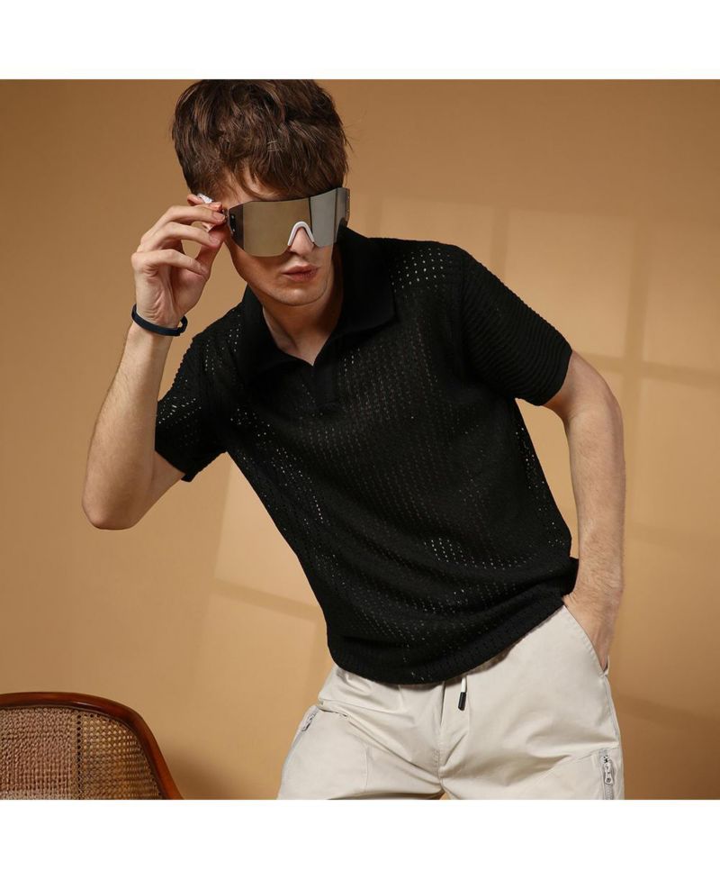 Men's Raven Black Textured-Knit Polo T-Shirt