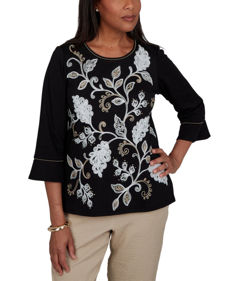 Women's Travel Advisory Scroll Leaf Embroidered Top