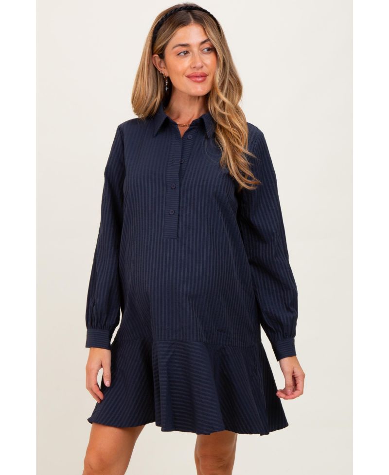 Women's Camel Striped Long Sleeve Drop Waist Polo Dress