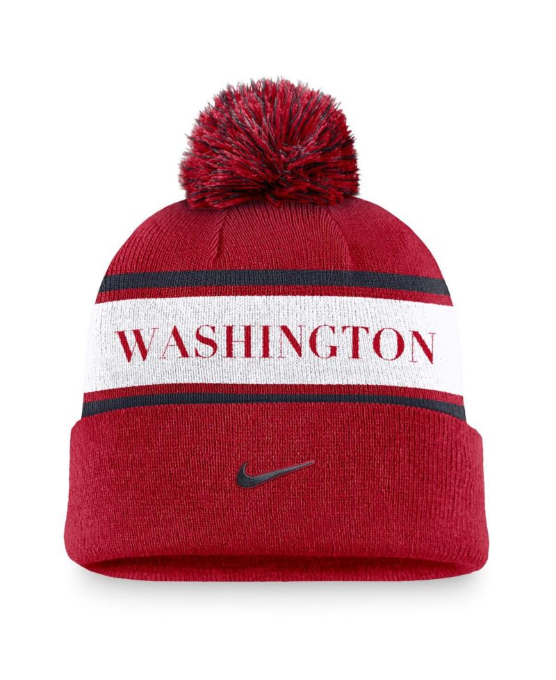 Men's Red Washington Nationals Team Stripe Peak Cuffed Knit Hat with Pom