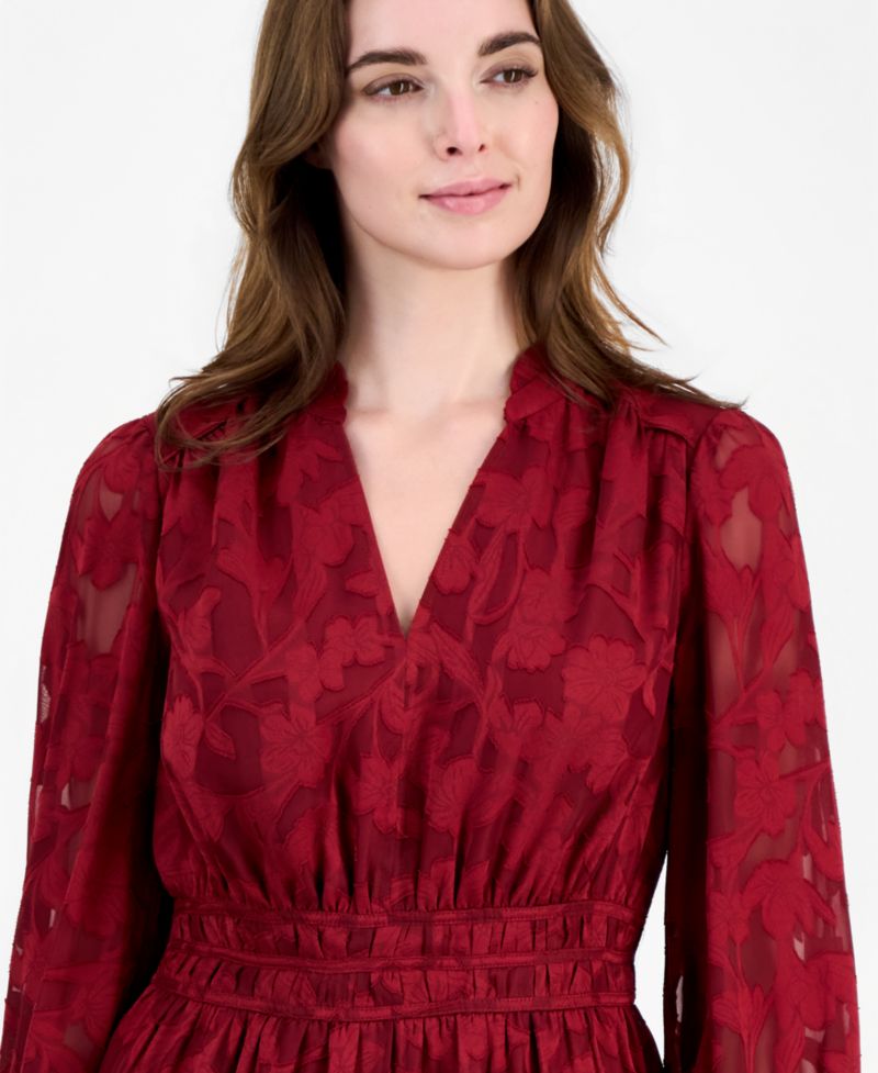 Women's V-Neck Long-Sleeve Tiered Ruffle Dress