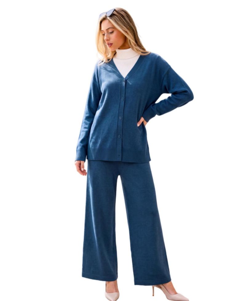 Women's V-Neck Knit Wide-Leg Cardigan and Pants, 2-Piece Set