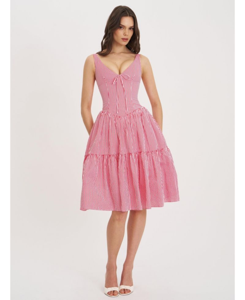 Women's Oceana Red Candy Stripe Drop Waist Midi Dress
