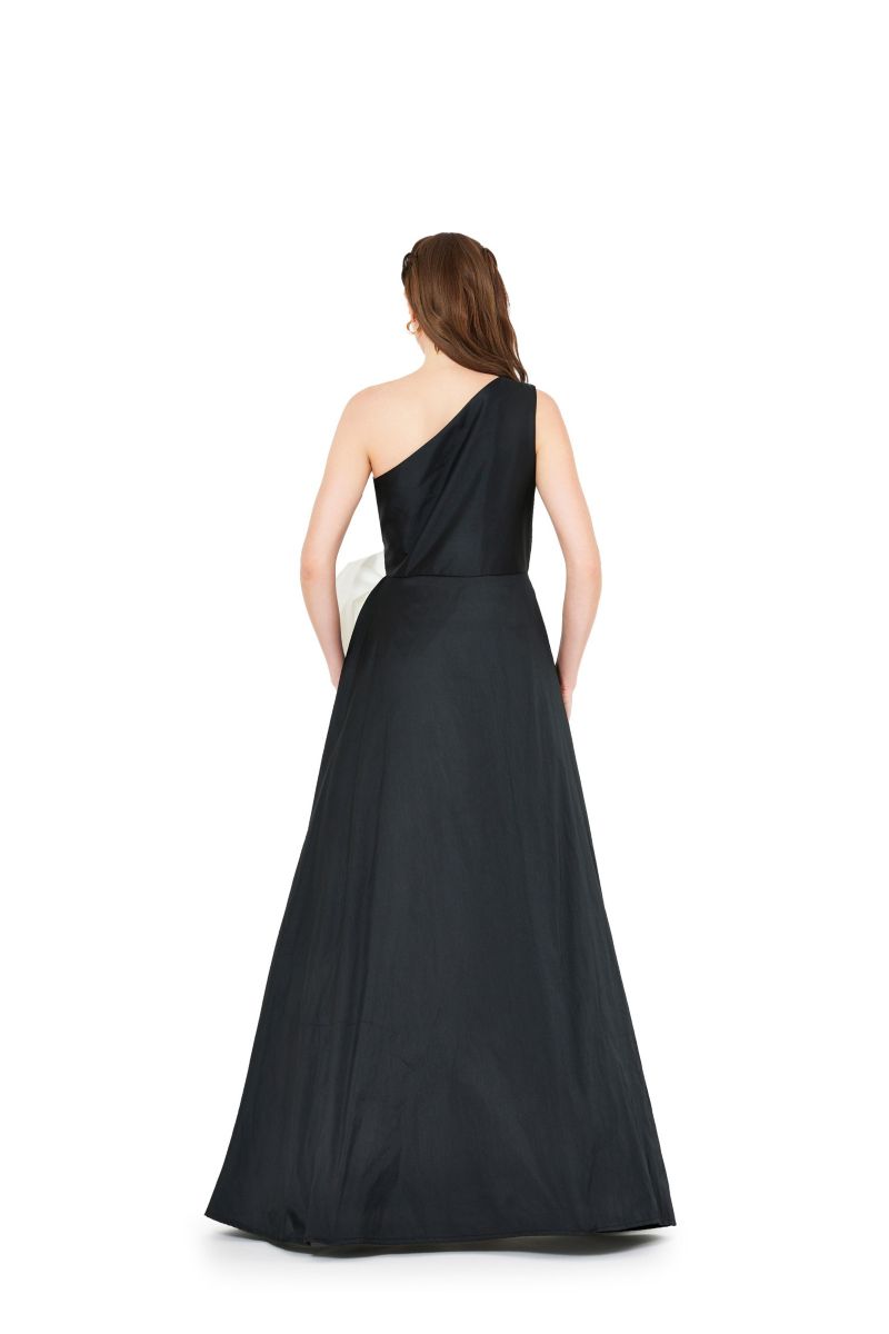 Women's One Shoulder Dress With Cascading Ruffle Flower Detail