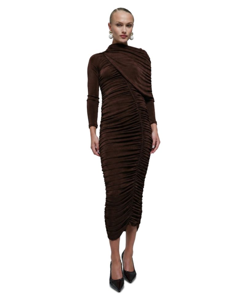 Women's Melina Wedding Guest Long-Sleeve Shawl Collar Midi Dress