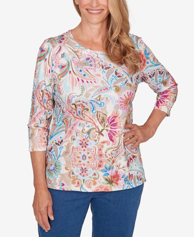 Women's Classic Paisley Floral Pleated Neck Top