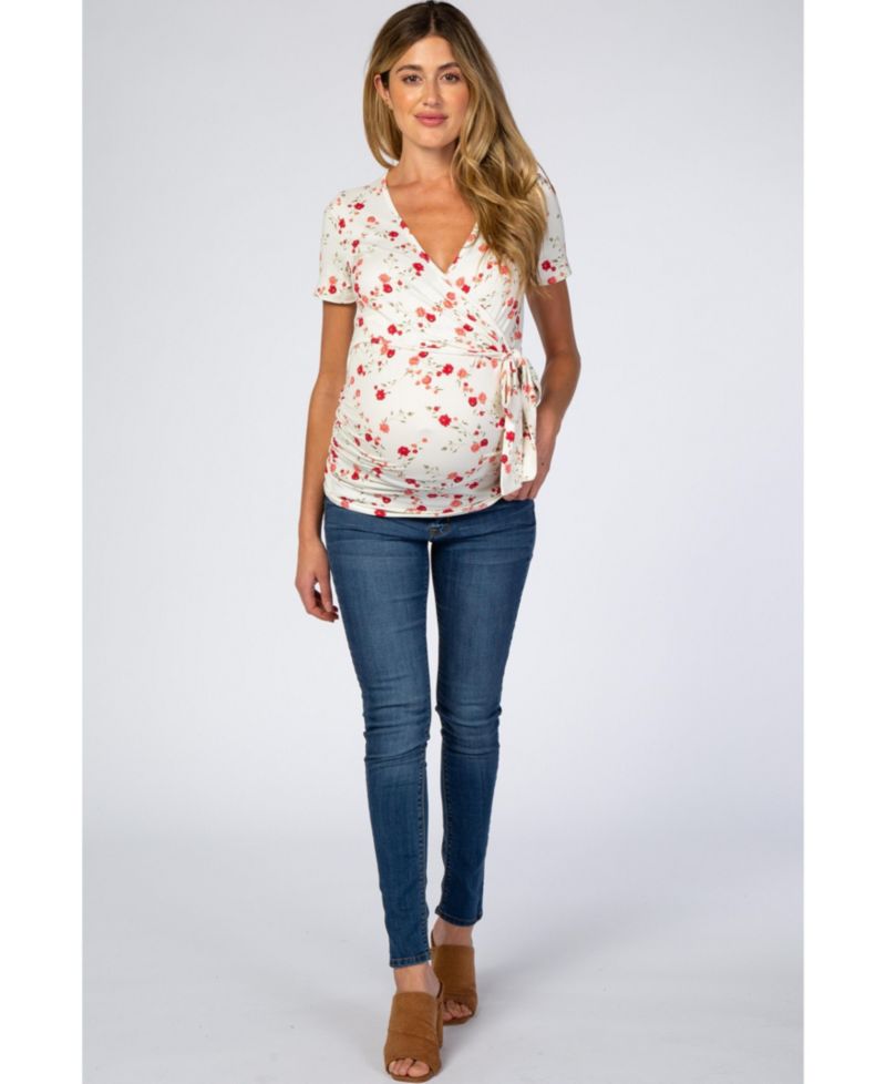 Women's Ivory Floral Wrap Fitted Maternity/Nursing Top