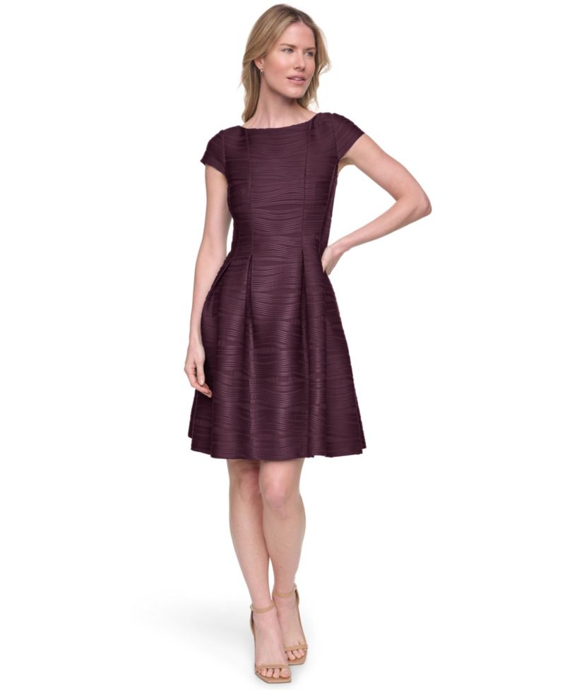 Women's Boat-Neck Cap-Sleeve Release Pleat Fit & Flare Dress