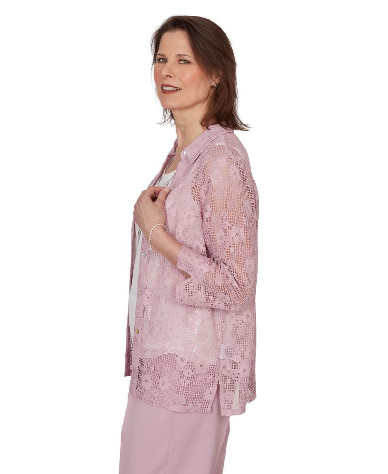 Petite Charm Floral Lace Two-In-One Collared Top with Necklace