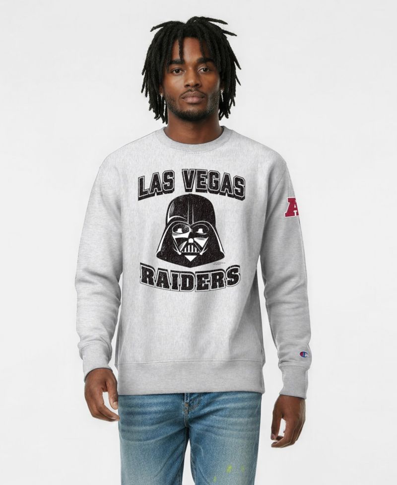 Men's Silver Las Vegas Raiders Disney X Champion Reverse Weave Fleece Crewneck Sweatshirt