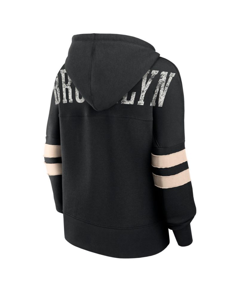 Women's Black Distressed Brooklyn Nets Bold Move Dolman V-Neck Pullover Hoodie