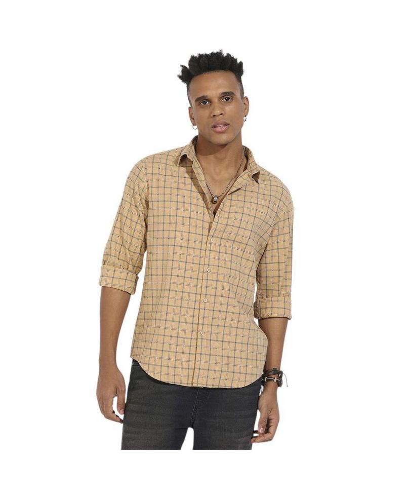 Men's Beige Contrast Tartan Plaid Shirt