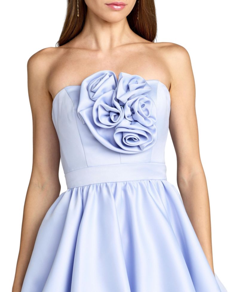 Women's Strapless Bubble Hem Mini Dress with Rosette Detail