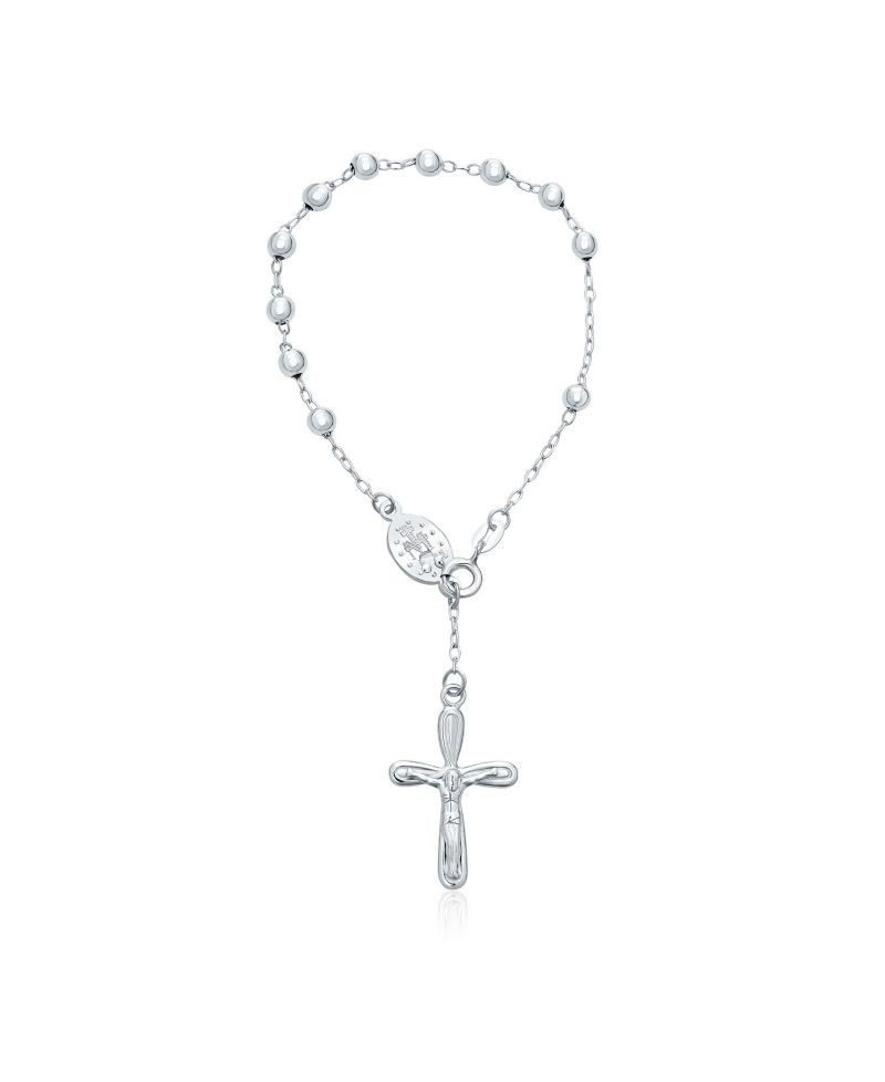 Religious Chain Link Bracelet Jesus Crucifix Virgin Mary Rosary Beads Silver