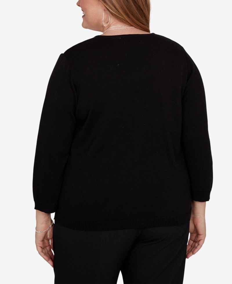 Plus Size Argyle Beaded 3/4-Sleeve Cotton-Blend Sweater