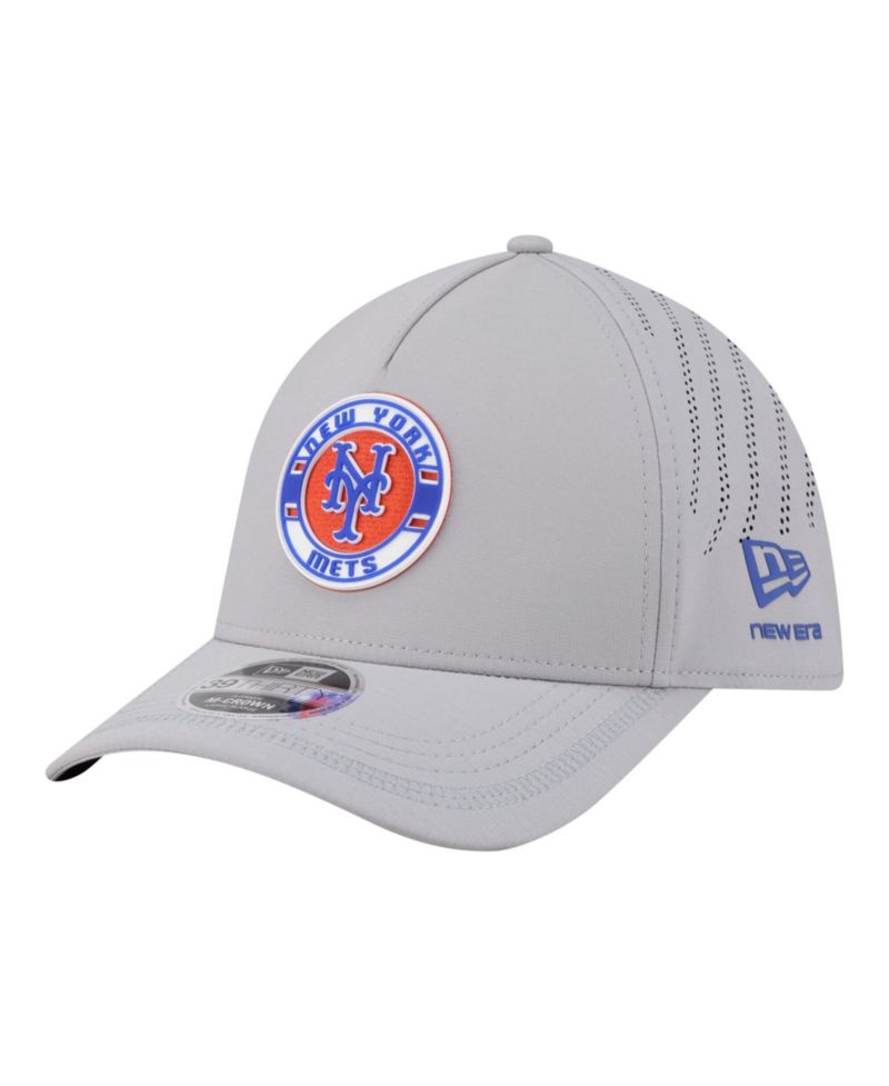 Men's Gray New York Mets Patch 39THIRTY A-Frame M-Crown Perforated Flex Hat
