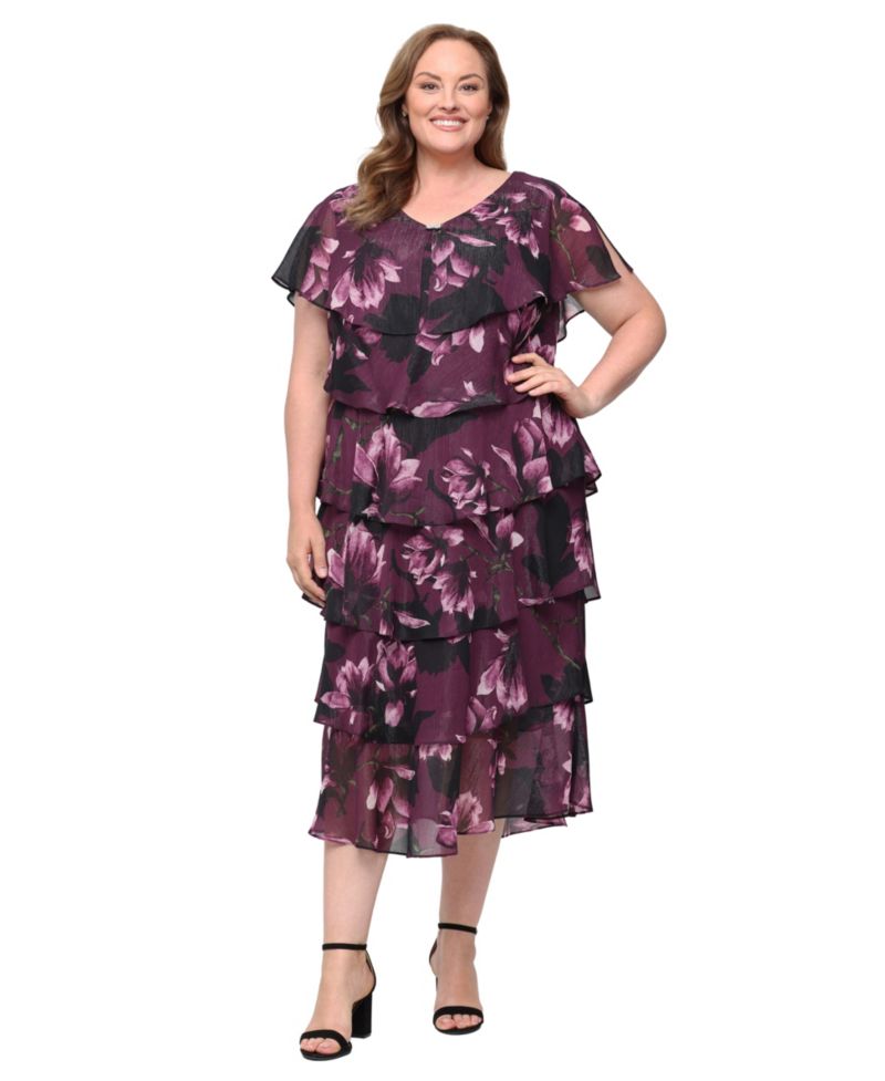 Plus Size Floral-Print Tiered V-Neck Dress