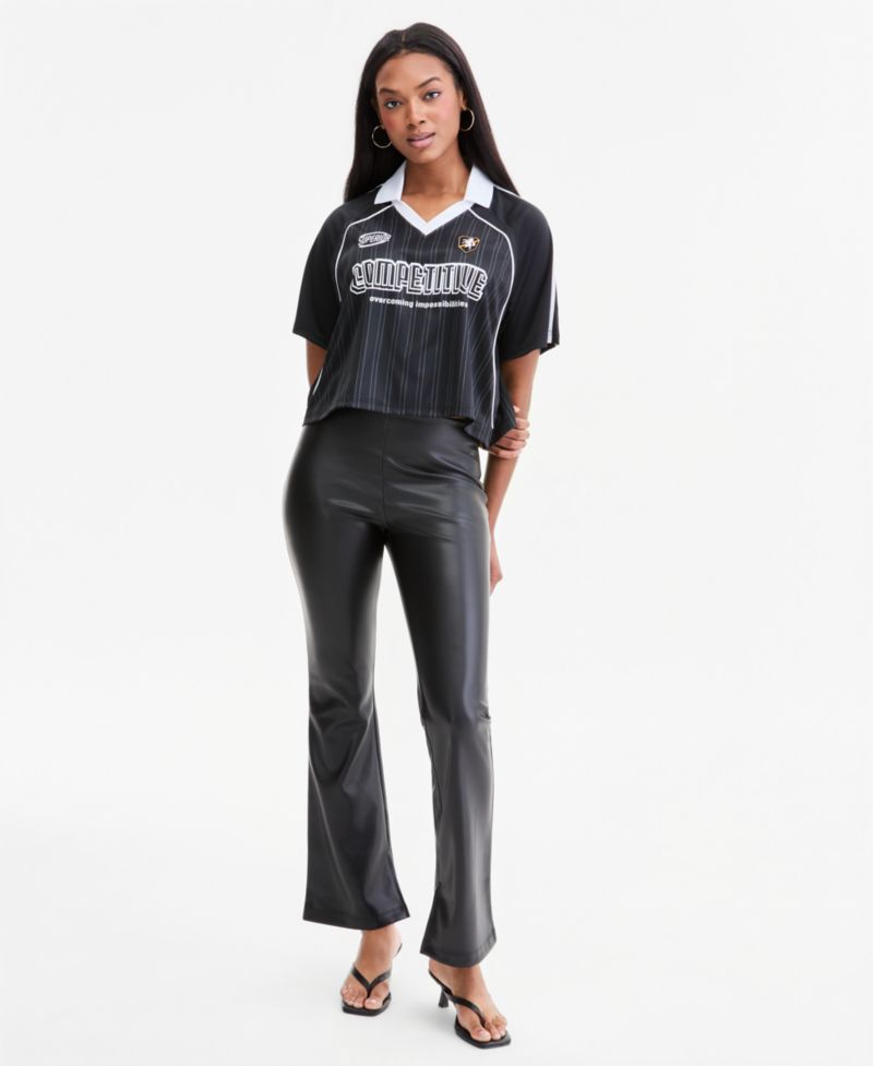 Women's High-Rise Faux Leather Flare-Leg Ankle Pants