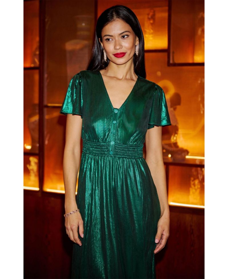 Women's Metallic Ruched Midi Dress